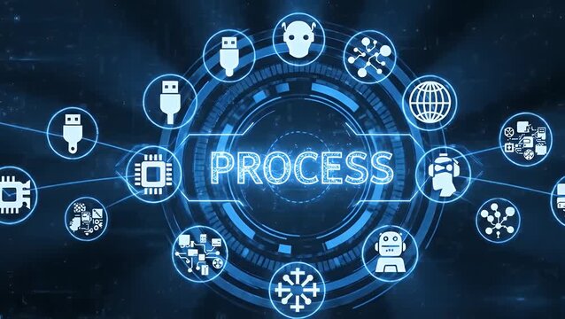 A concept of business process automation with the word PROCESS on a futuristic blue digital interface with technology icons