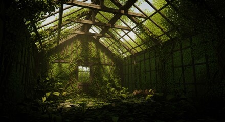 Overgrown abandoned greenhouse with lush green plants and sunlight filtering through