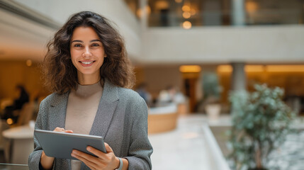 Confident businesswoman using tablet device in modern, bright office space.