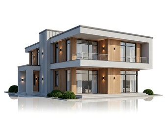 Modern luxury house with wood and glass facade isolated on white