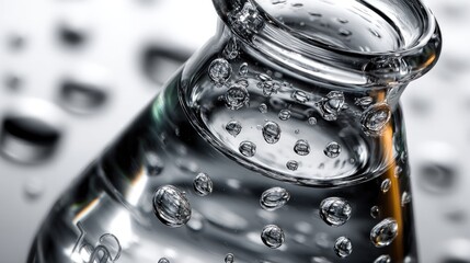 Sparkling Hydration: An up-close view reveals a crystal-clear water bottle, its surface adorned with glistening water droplets, encapsulating the essence of purity and refreshment.