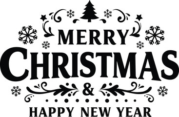 Fototapeta premium Merry Christmas and Happy New Year greeting card, festive holiday design, decorative flourishes, snowflakes, stars, Christmas tree vector illustration