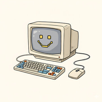 Retro Computer Setup With a Pixelated Smiley Face Capturing the Charm of Old School Technology and Digital Expression Era