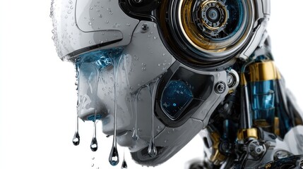 Cyborg's tears: A close-up shot of a futuristic cyborg, tears streaming down its metallic face, raising questions about artificial intelligence, human emotion and technological singularity.
