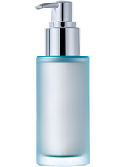Frosted glass cosmetic bottle with silver pump isolated on transparent background, perfect for modern skincare branding visuals.