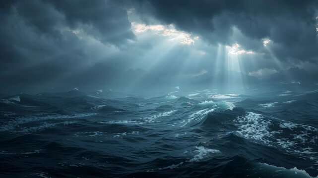 Dramatic ocean waves under dark stormy clouds with rays of light breaking through the sky