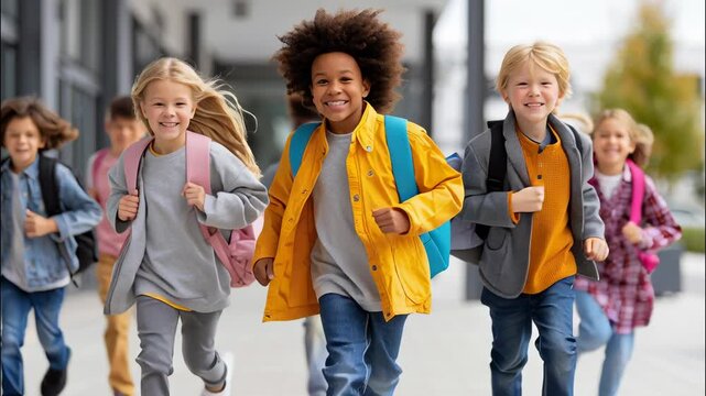 Diverse schoolchildren laughing, running together outdoors, enjoying friendship and youthful energy after final rings school bell video 4k
