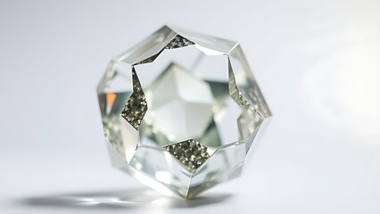 condoning. A naturally formed icosahedral crystal mineral, refracting geometric light in soft natural lighting against a clean background. STEM education sheets.