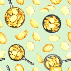Potato wedges in pans, seamless pattern