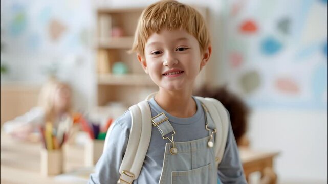 Blond boy with white backpack entering preschool classroom, ready to join his classmates a day of learning and back fun to school video 4k