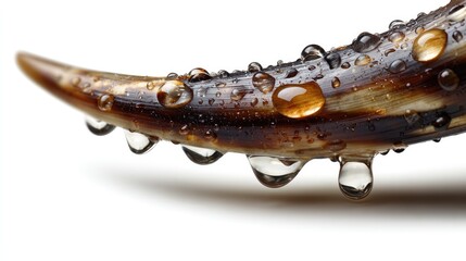 Water Droplets on Texture: Close-up showcases a singular dew-kissed leaf fragment, beads of water cling and cascade off a textured surface, showcasing nature's exquisite detail.