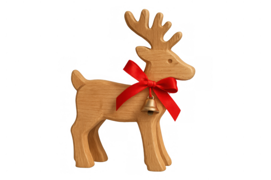 Wooden reindeer ornament featuring a red ribbon bow and a small gold bell, symbolizing christmas spirit and holiday traditions