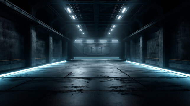 Sci-fi corridor with bright lights, metallic floors and dark ambience - Powered by Adobe