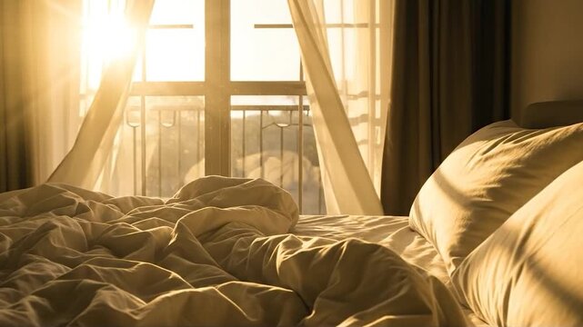 Morning sunlight streams through sheer curtains onto a rumpled bed with pillows
