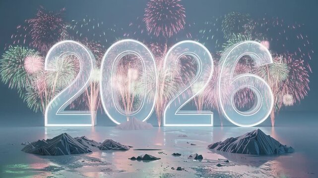 Silvester 2026 mit Feuerwerk in einer futuristischen Umgebung - rosa, hellblau, grau, hellgr&uuml;n