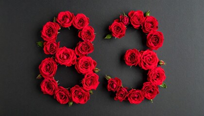Number 83 made out of red roses with black background. Photo for birthday or anniversary party