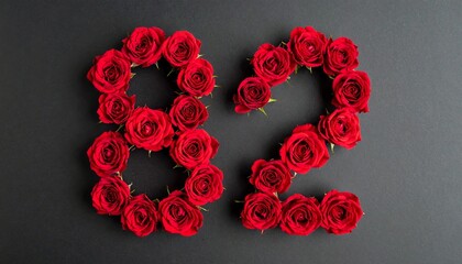 Number 82 made out of red roses with black background. Photo for birthday or anniversary party