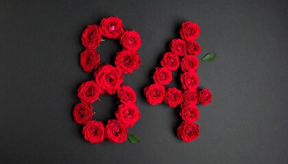 Number 84 made out of red roses with black background. Photo for birthday or anniversary party