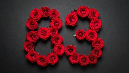 Number 83 made out of red roses with black background. Photo for birthday or anniversary party