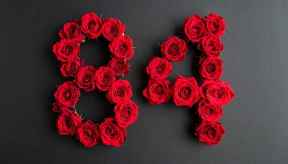 Number 84 made out of red roses with black background. Photo for birthday or anniversary party