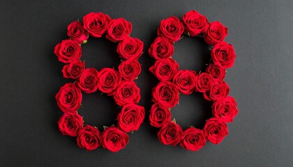 Number 88 made out of red roses with black background. Photo for birthday or anniversary party