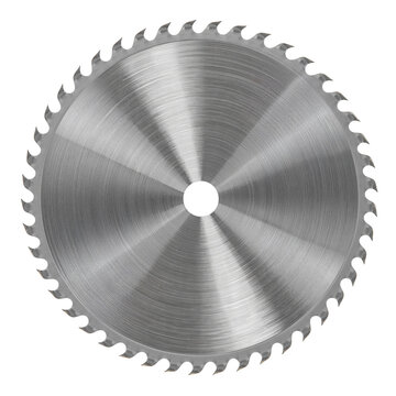 Circular Saw Blade Resting on a White Background, Showcasing Sharp Teeth and Metallic Finish.