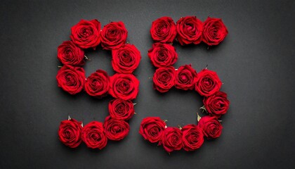 Number 95 made out of red roses with black background. Photo for birthday or anniversary party