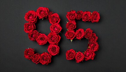 Number 95 made out of red roses with black background. Photo for birthday or anniversary party