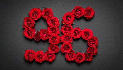 Number 96 made out of red roses with black background. Photo for birthday or anniversary party