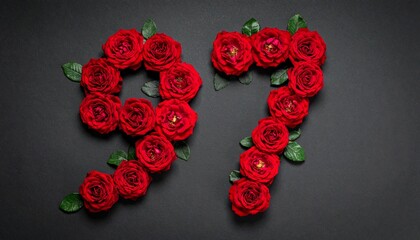 Number 97 made out of red roses with black background. Photo for birthday or anniversary party