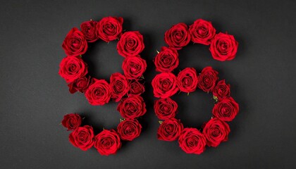 Number 96 made out of red roses with black background. Photo for birthday or anniversary party