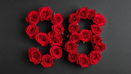 Number 98 made out of red roses with black background. Photo for birthday or anniversary party