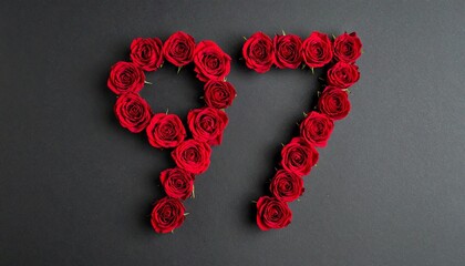 Number 97 made out of red roses with black background. Photo for birthday or anniversary party
