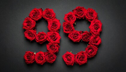Number 99 made out of red roses with black background. Photo for birthday or anniversary party