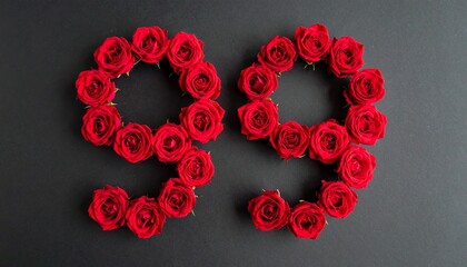 Number 99 made out of red roses with black background. Photo for birthday or anniversary party
