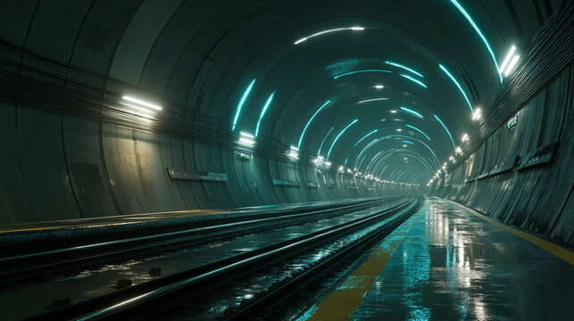 Mysterious Glowing Subway Tunnel with Gleaming Tracks and Artistic Lighting