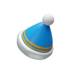 Three-dimensional blue winter hat with yellow stripes and white fur edge isolated on white background. 3D illustration of a cozy warm hat for Christmas and New Year design, festive decoration