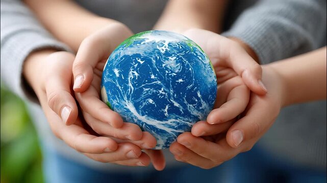 Children grasping miniature world globe, representing global awareness and environmental planet preservation video 4k