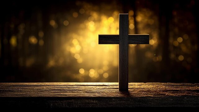 Beautiful wooden cross silhouette against a glowing forest background, perfect for spirituality and faith-themed visuals