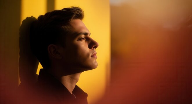 Profile portrait of a young man in warm golden hour light. Contemplative person leaning against a yellow wall with dramatic shadows. Youth and introspection concept with copy space - Powered by Adobe