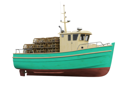 Isolated boat fishing, commercial vessel or trawler with traps, vessel with crab pots for fishing