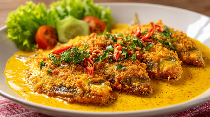 Fototapeta premium Close up of a plated fish dish with yellow sauce and fresh vegetables