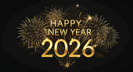 Golden happy new year 2026 celebration with fireworks on a dark background