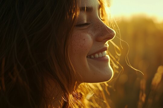 Young girl smiling with long hair standing outdoors in a sunny environment with greenery