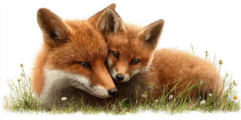 Tender fox mother and cub cuddling in grassy field, showcasing wildlife affection and family bond in a heartwarming scene Concept of nature, love, and animal care