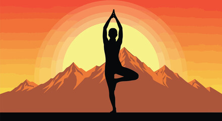 Silhouette of woman in tree pose against a vibrant mountain sunset scene