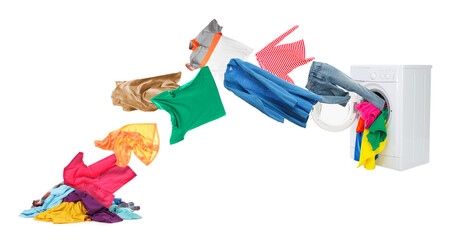 Colorful clothes flying out of washing machine against white background