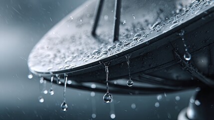 Water Droplets Cascade: A close-up showcases the graceful descent of water droplets from the edge of a satellite dish, against a backdrop of rain.