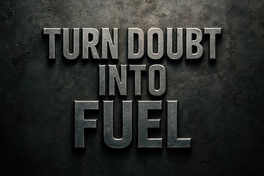  Powerful motivational quote "Turn Doubt Into Fuel" in bold metallic 3D text on dark textured background
