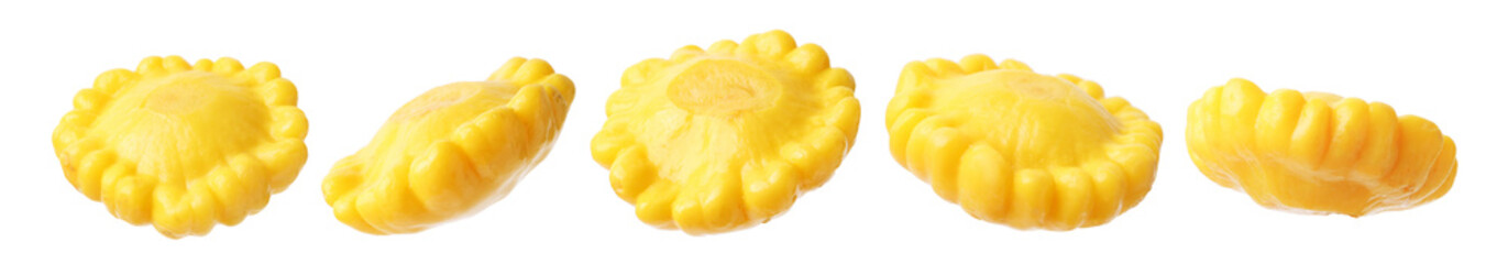 Marinated pattypan squashes isolated on white, set